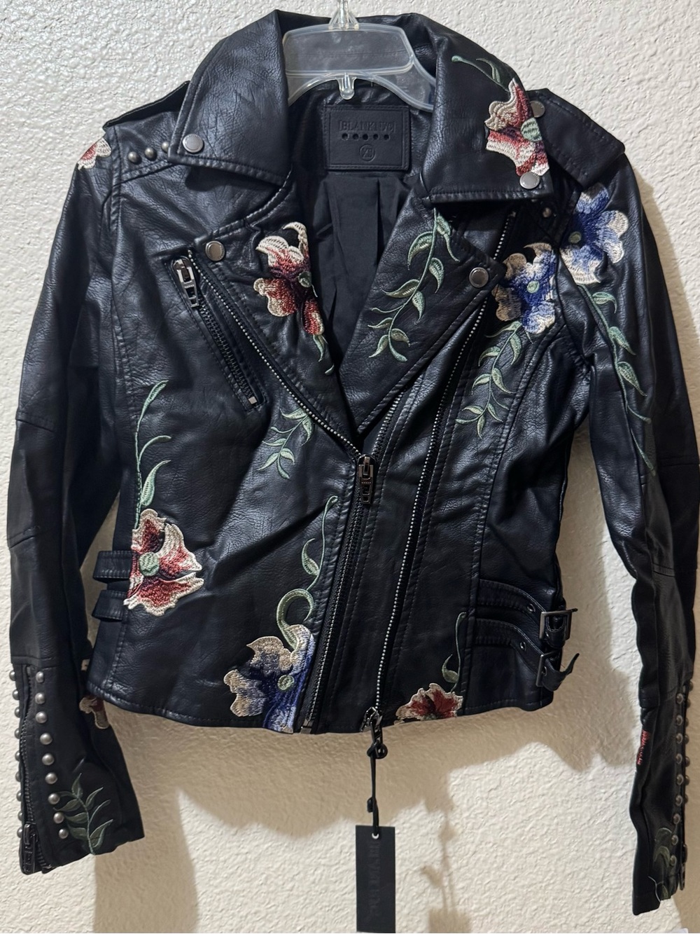 Blank NYC Black Embroidered Floral Moto Jacket